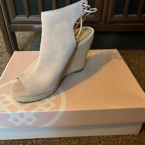 Laurie Felt Cream Peep-Toe Wedges